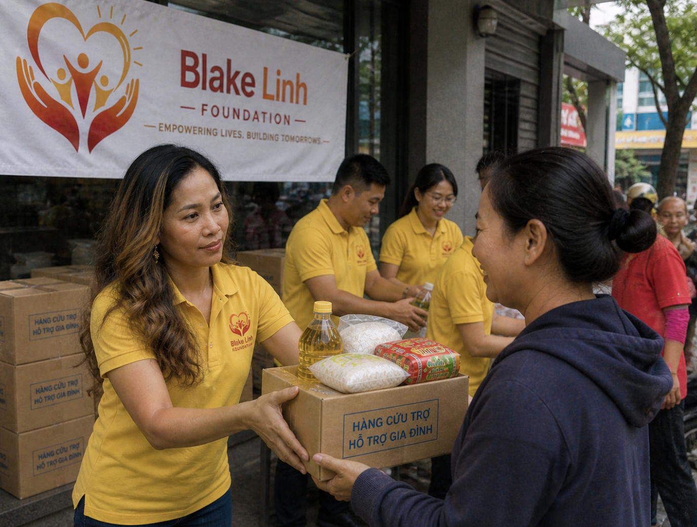 Volunteers distributing food to children in Vietnam